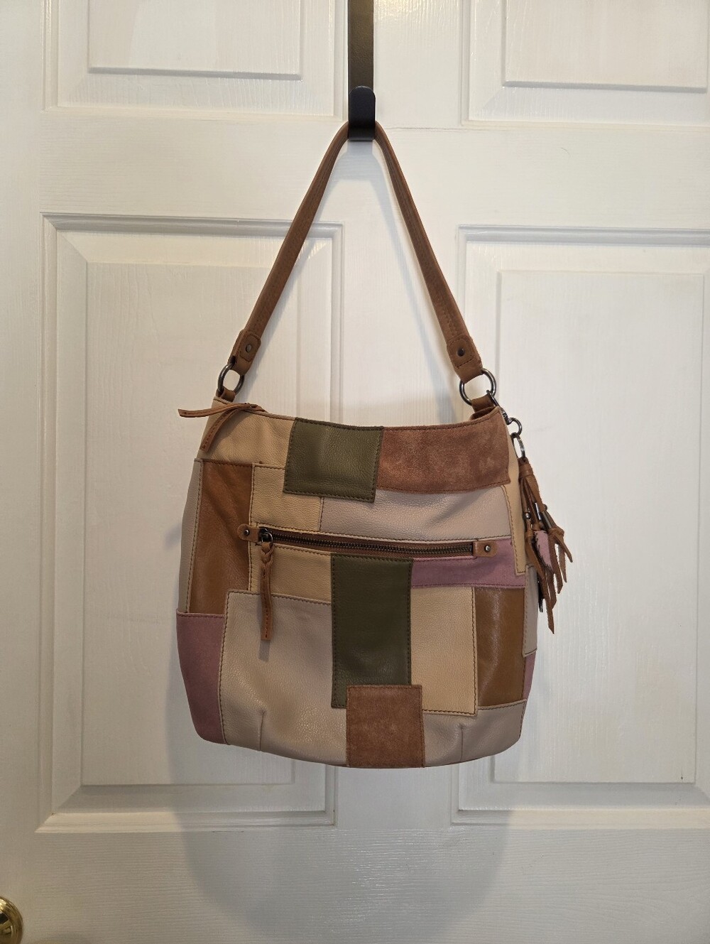 The Sak Patchwork Leather Shoulder Bag in Beige, Brown, Olive
